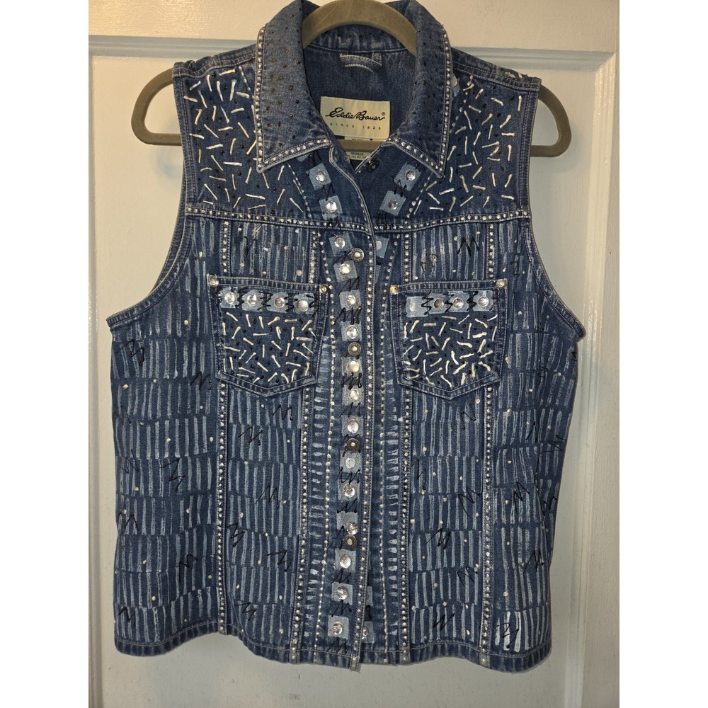 Vintage 90's Eddie Bauer Women's Blue Sleeveless Vest Handpainted Gems  L